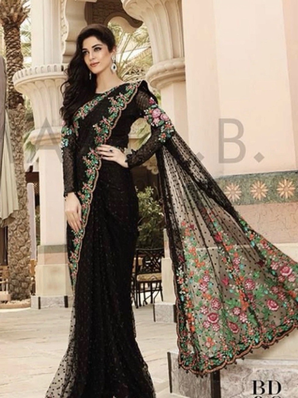 Elegant Black Embroidered Evening Saree Dress